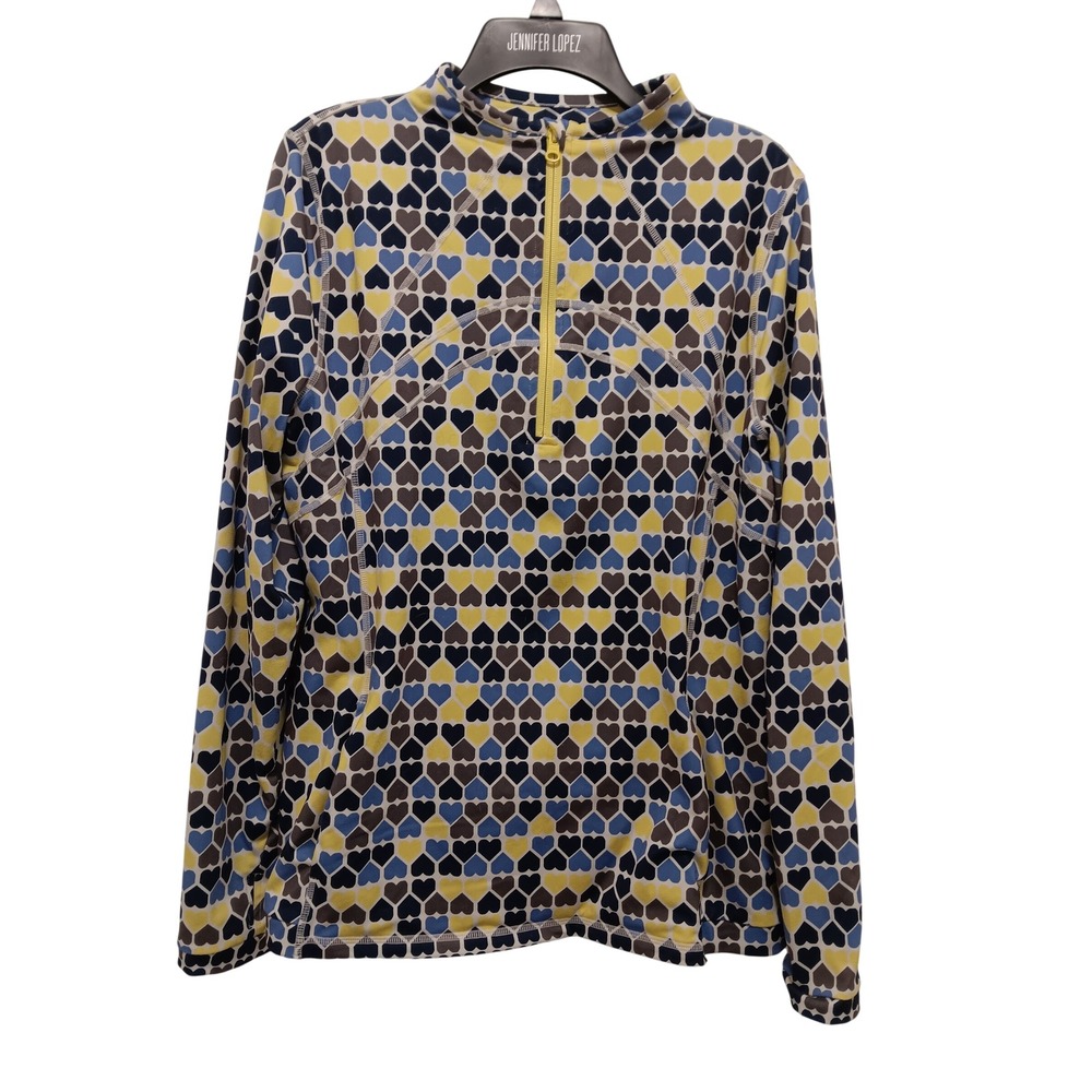 Talbots Row of Hearts Half Zip Mockneck Pullover Top Blue Yellow Large UPF 50+